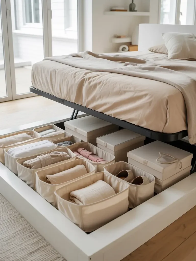 Clean minimal studio apartment with a raised bed frame in soft white wood, tidy under bed storage boxes in beige fabric, linen bedding, warm cream rug, soft curtains, small bedside lamp, neutral feminine styling, natural daylight, calm cozy mood, open uncluttered floor.