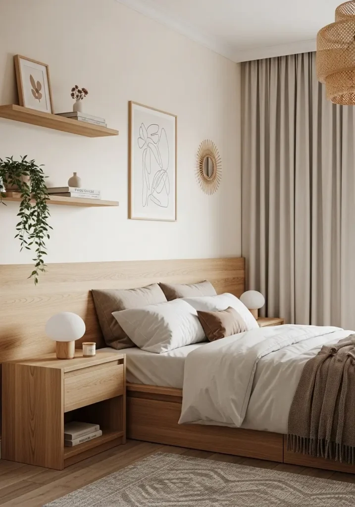 Minimalist studio apartment bedroom with light wood accents, oak nightstand, low platform bed, soft white and beige bedding, Scandinavian feminine decor, tiny apartment layout, airy natural lighting, cozy textures, realistic interior photography, clean uncluttered styling, warm cream walls, floating shelves, woven decor details, peaceful apartment atmosphere, modern small bedroom design, soft linen curtains, elegant neutral palette with calming minimalist mood.

