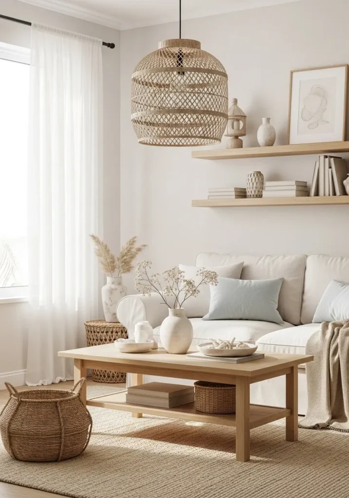 Minimal coastal living room with light oak coffee table, creamy white sofa, woven baskets, airy white curtains, soft beige rug, warm natural sunlight, pale wood shelves, calm beach house styling, neutral feminine decor, relaxed seaside atmosphere, subtle ocean inspired accents, cozy layered textures, clean airy layout, light blue pillows, driftwood details, peaceful modern coastal interior with soft natural tones

