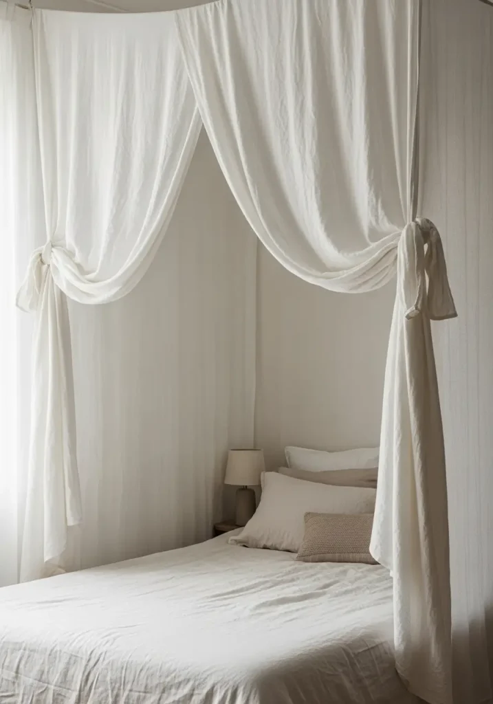 Clean minimal micro studio apartment with a soft linen canopy style divider around a low bed, warm cream fabric, pale wood floor, simple white bedding, tiny bedside stool, soft wall light, neutral rug, feminine cozy styling, airy peaceful apartment atmosphere.