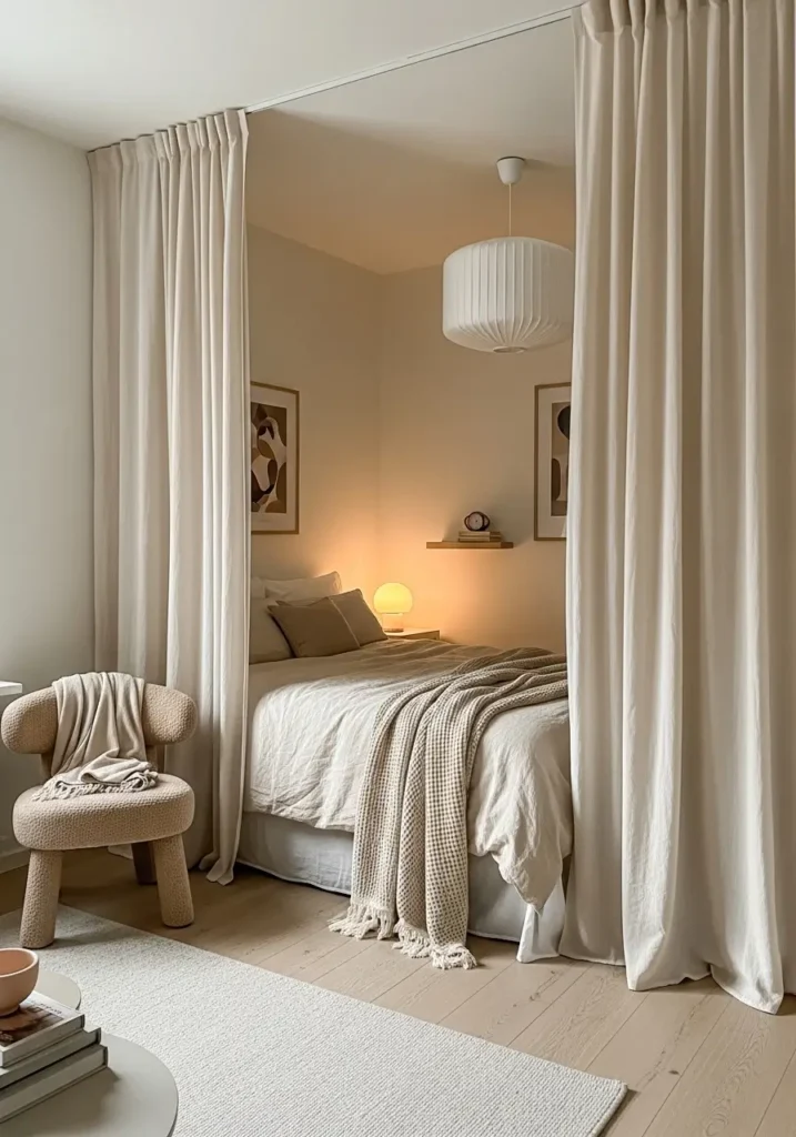 Soft neutral studio apartment with creamy linen ceiling curtains dividing sleeping area from living room, warm beige bedding, light oak flooring, small boucle chair, glowing lamp lighting, cozy apartment styling for couples, airy natural daylight, minimal Scandinavian decor, textured throw blankets, soft white walls, delicate shadows, peaceful feminine atmosphere, modern studio apartment layout, clean styling, realistic interior photography, warm cozy mood, uncluttered apartment space, elegant curtain divider setup

