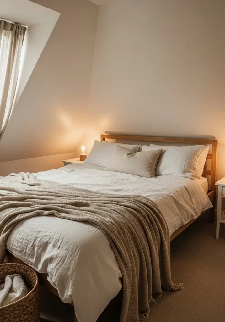 Soft cottage attic bedroom with slanted white roof ceilings, cozy beige linen bedding layered with knit throws and textured pillows, light oak wood bed frame placed beneath angled ceiling, warm cream walls, vintage bedside table, soft morning sunlight through small cottage window, woven basket, neutral rug, minimal decor styling, calming feminine atmosphere, natural textures, clean cozy aesthetic, Scandinavian cottage mood, realistic interior photography, warm soft shadows, airy yet intimate feeling, uncluttered styling, peaceful bedroom setup

