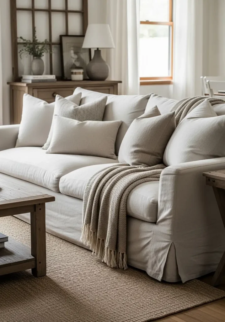 Bright farmhouse living room with a soft beige linen slipcovered sofa placed near tall windows with flowing white curtains, light oak floors, warm natural sunlight, rustic wood coffee table, cream knit throws, woven baskets, soft neutral palette, minimal decor styling, cozy layered textures, vintage farmhouse mood, clean airy layout, subtle greenery, realistic interior photography style, calm and feminine atmosphere, minimal clutter, warm shadows, soft cotton pillows, rustic charm aesthetic


