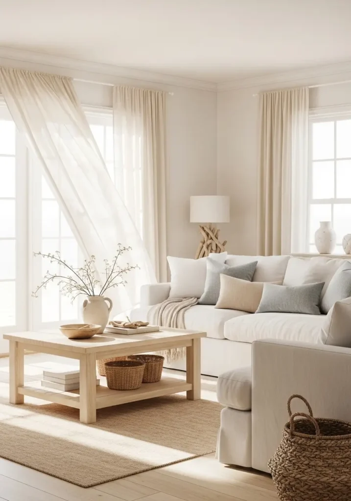 Bright coastal living room with oversized white linen sofas, pale oak coffee table, woven baskets, sheer ivory curtains flowing near large windows, sandy beige rug, soft natural sunlight, minimal beach decor, light cream walls, cozy neutral styling, airy layout, driftwood accents, relaxed beach house atmosphere, calm textures, clean and elegant coastal interior design, soft layered pillows in muted blue and beige tones, peaceful and feminine room styling


