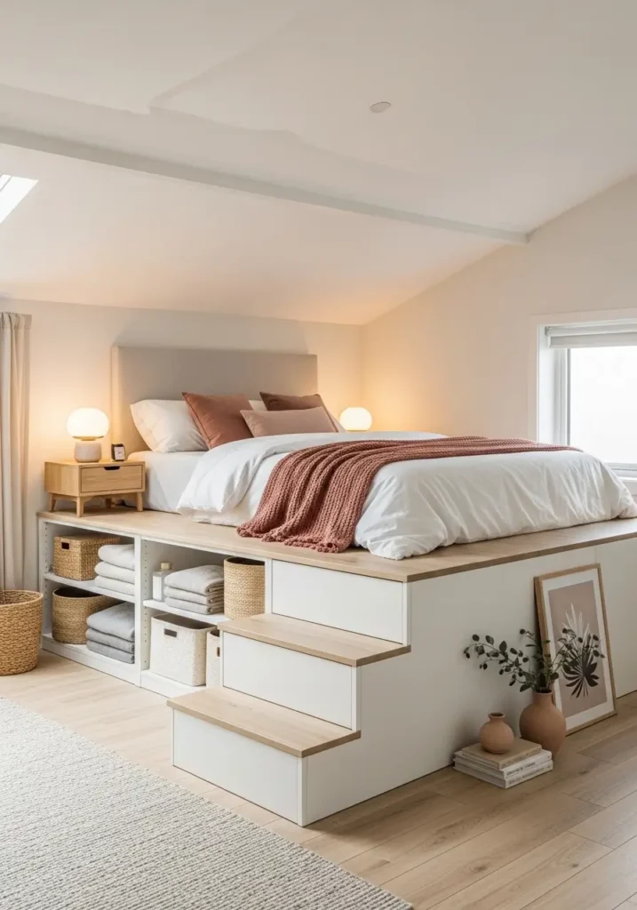 Chic loft apartment bed platform layout with built-in storage below, soft cream bedding, pale wood steps, hidden drawers, feminine decor touches, warm neutral palette, airy industrial loft interior, cozy layered textures, tall windows, realistic editorial home photo showing smart space use for a stylish new home