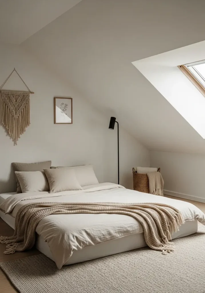 Clean minimal attic bedroom with a low platform bed placed beneath a slanted ceiling, warm beige bedding, soft ivory pillows, slim floor lamp, woven basket storage, light wood floor, tiny framed art on the wall, cream and taupe colour palette, cozy feminine small apartment styling, peaceful and uncluttered atmosphere.
