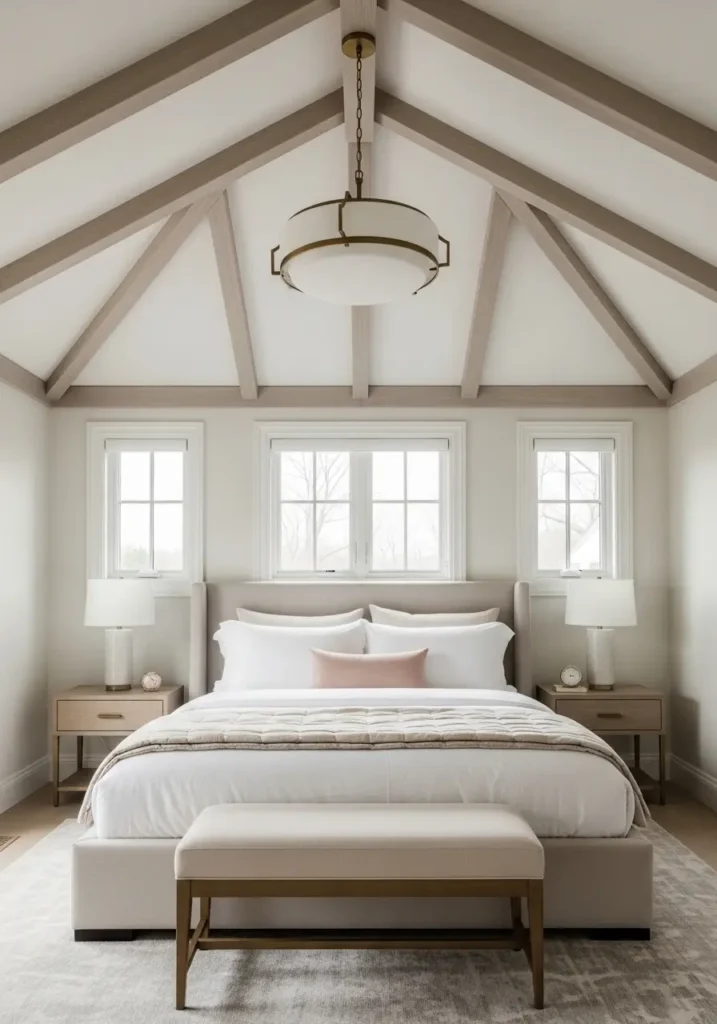 Small modern vaulted ceiling bedroom with a low upholstered bed, soft beige headboard, tall angled ceiling, warm white walls, layered linen bedding, delicate pendant light, small round nightstands, pale rug, muted blush accents, simple decor, clean peaceful feminine interior style.