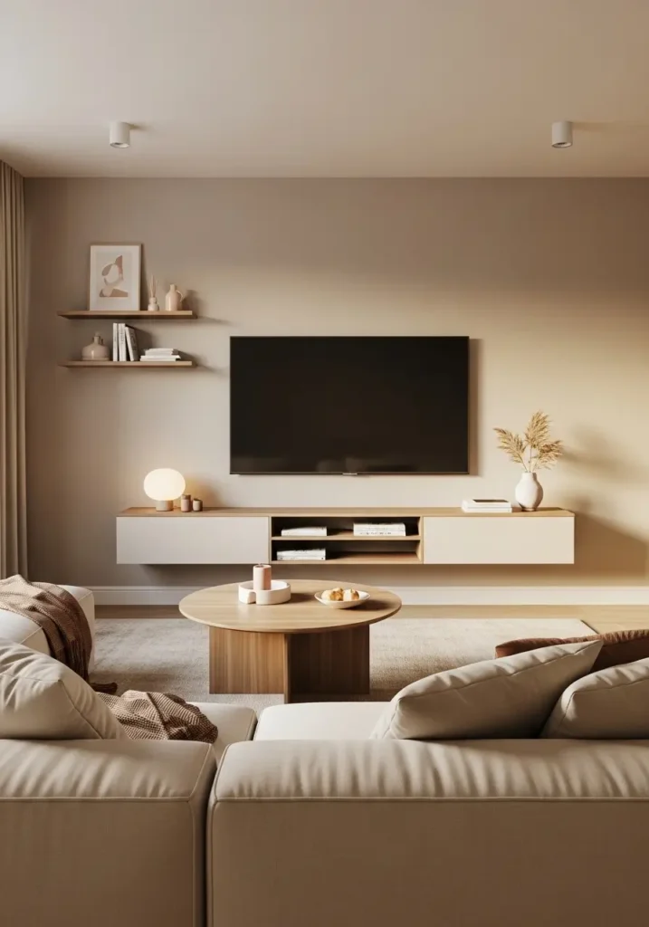 Modern apartment living room with low floating TV console, mounted TV on warm neutral wall, cream sectional sofa, soft beige rug, rounded wood coffee table, minimal shelf decor, cozy feminine styling, clean apartment layout, warm lighting, realistic interior photography, calm modern living room feeling


