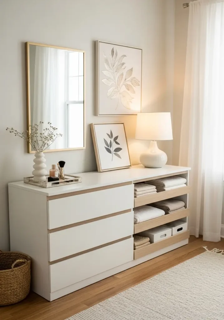 Calm studio apartment with a low white dresser under a simple wall mirror, soft beige bedding nearby, warm lamp, small ceramic tray, pale oak flooring, neutral curtains, tidy feminine styling, clean minimal small apartment storage mood, realistic interior photography.