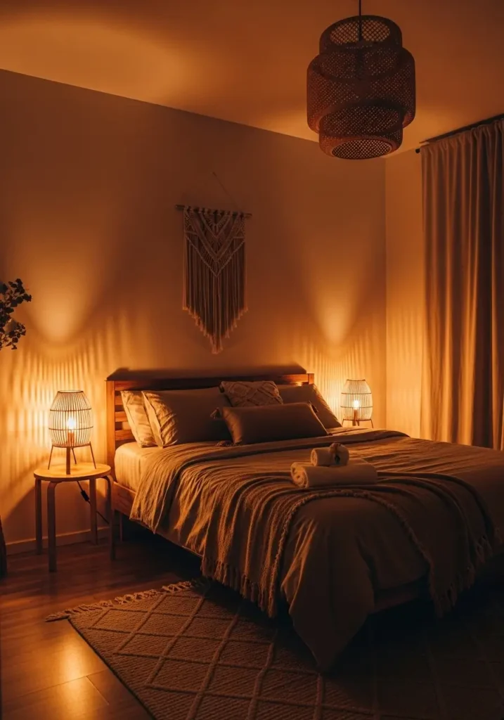 Soft minimal boho bedroom at evening with warm bedside lamp lighting, cream bedding, textured knit throw, natural wood furniture, woven pendant light, earthy neutral palette, cozy feminine atmosphere, airy uncluttered interior, soft shadows, peaceful relaxing mood, ceramic decor, clean modern boho styling, warm ambient glow, dreamy earthy retreat aesthetic with minimal natural textures

