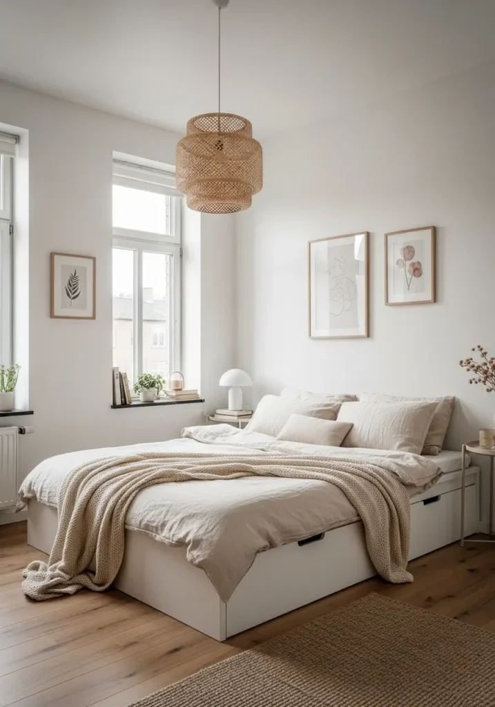 Minimalist studio apartment bedroom with low platform bed, warm cream bedding, clean white walls, natural oak flooring, cozy sunset lighting, tiny apartment bedroom layout, Scandinavian minimalist style, uncluttered decor, soft neutral palette, airy room feeling, simple framed wall art, elegant small apartment styling, realistic interior photography, warm feminine atmosphere, compact modern furniture, peaceful cozy bedroom setup, soft linen textures, calming tiny studio apartment design with balanced proportions.

