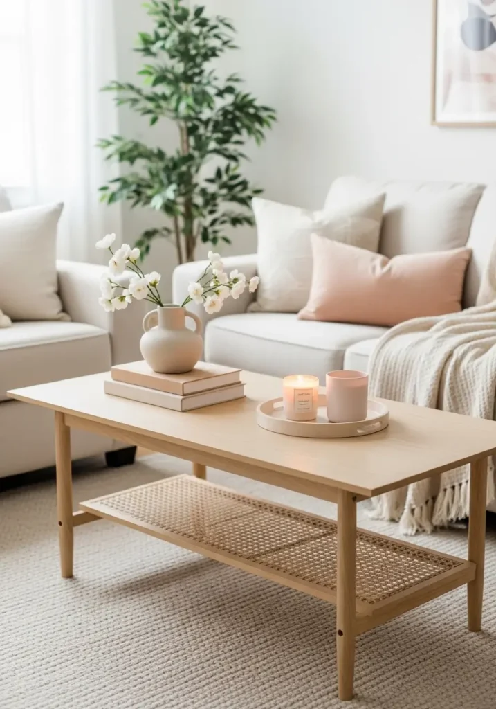 Minimal college apartment living room with low wooden coffee table styling, cream sofa, beige rug, small ceramic vase, books, candle decor, soft neutral pillows, warm natural lighting, feminine clean apartment decor, realistic interior photography, cozy student apartment atmosphere, calm organized layout

