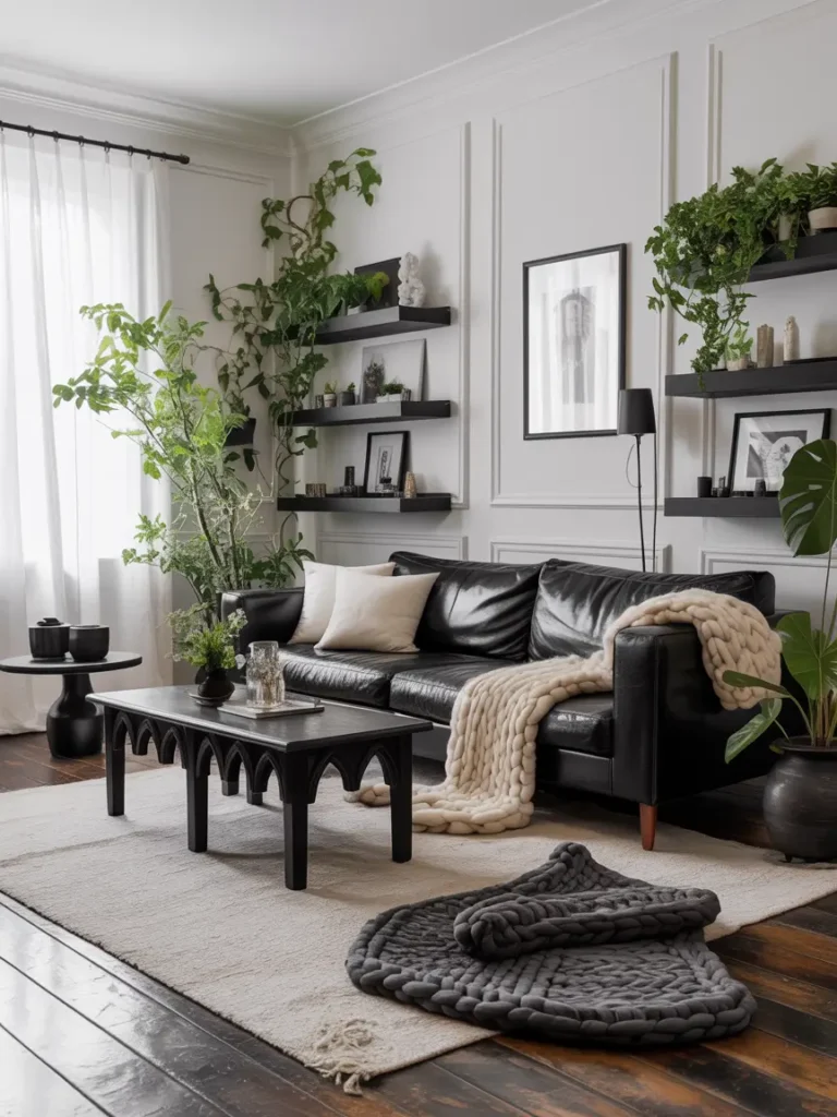 Crisp white walls with black accents, a simple sofa, and dark wood flooring.