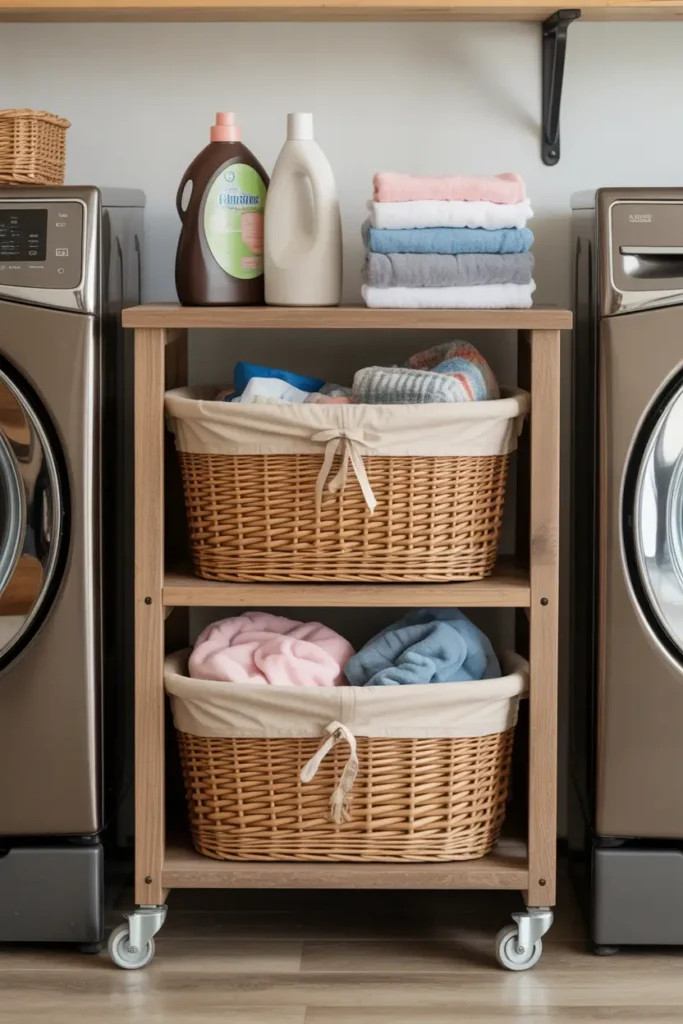 Small studio apartment laundry corner with a tall woven hamper, cream fabric liner, folded towels on a slim shelf, soft beige wall, white bedding nearby, warm daylight, minimal feminine styling, clean tidy room with cozy natural textures.