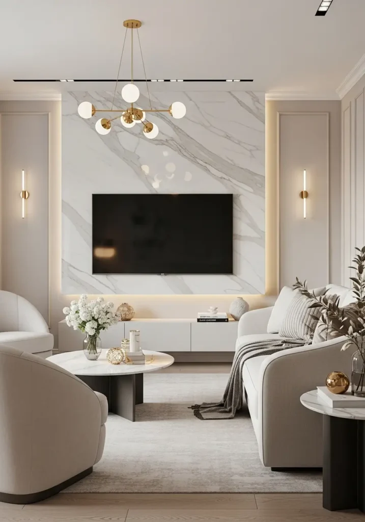 Luxury modern apartment living room with white marble TV accent wall, mounted flat screen television, soft cream sofa, gold decor accents, warm lighting, clean modern apartment interior, neutral color palette, elegant feminine styling, minimal decor, glossy marble texture, cozy atmosphere, light beige rug, curved furniture, modern coffee table, realistic interior photography, soft daylight through apartment windows, calm upscale apartment aesthetic

