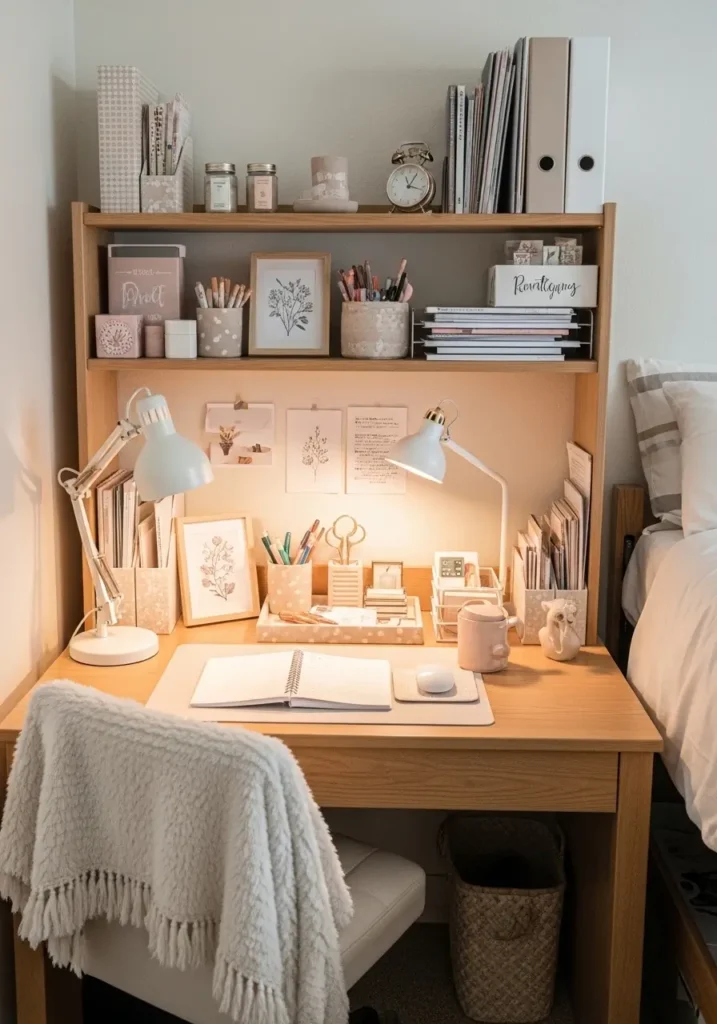 Minimal dorm apartment desk setup with matching cream stationery, soft lamp lighting, neutral organizer trays, cozy feminine styling, aesthetic college workspace, clean modern decor, realistic interior photography, warm beige color palette, tidy small bedroom setup, calm study corner, soft textures, minimal clutter, cozy apartment bedroom mood, stylish budget dorm workspace with peaceful organized atmosphere and elegant simple details

