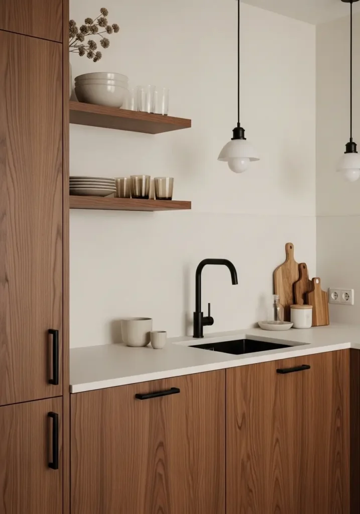 Retro mid century modern apartment kitchen with matte black hardware, walnut cabinets, cream walls, warm pendant lights, vintage inspired bar stools, compact apartment kitchen, floating shelves, ceramic dishes, soft natural sunlight, realistic interior photography, muted earthy tones, cozy feminine atmosphere, clean countertops, minimal decor styling with retro modern warmth