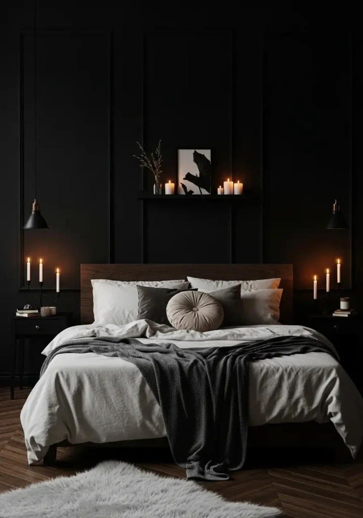 Romantic goth bedroom with matte black walls, soft black bedding, warm cream accents, candlelit nightstands, minimal dark wood furniture, cozy layered blankets, feminine gothic atmosphere, clean modern layout, realistic shadows, intimate couple bedroom styling

