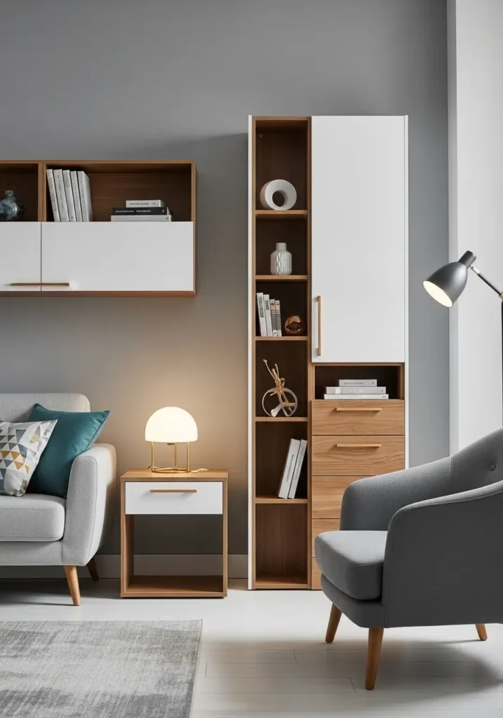 Sleek furniture with clean lines, wood accents, and pops of color in the decor. Soft lighting and functional yet stylish pieces create a balanced, chic look.