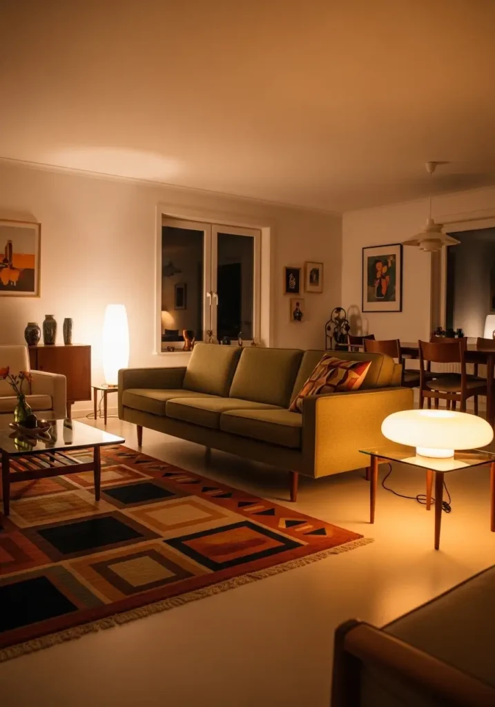 Clean lines of a vintage mid-century modern sofa with wooden legs, paired with geometric rugs and soft lighting that sets a retro vibe.