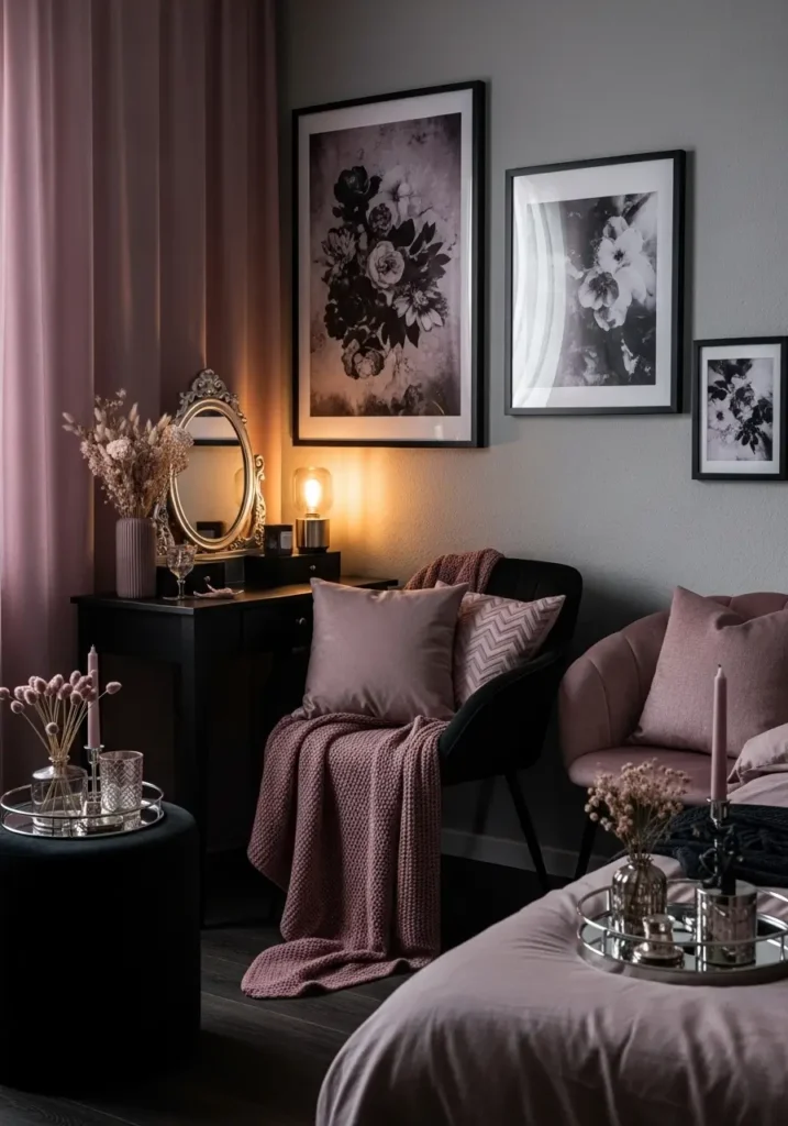 Clean minimal goth apartment bedroom with midnight black bedding, mauve velvet pillows, soft gray walls, simple black nightstand, warm bedside lamp, sheer dark curtains, small glass vase with dried flowers, gentle shadows, calm feminine mood, cozy and uncluttered styling.
