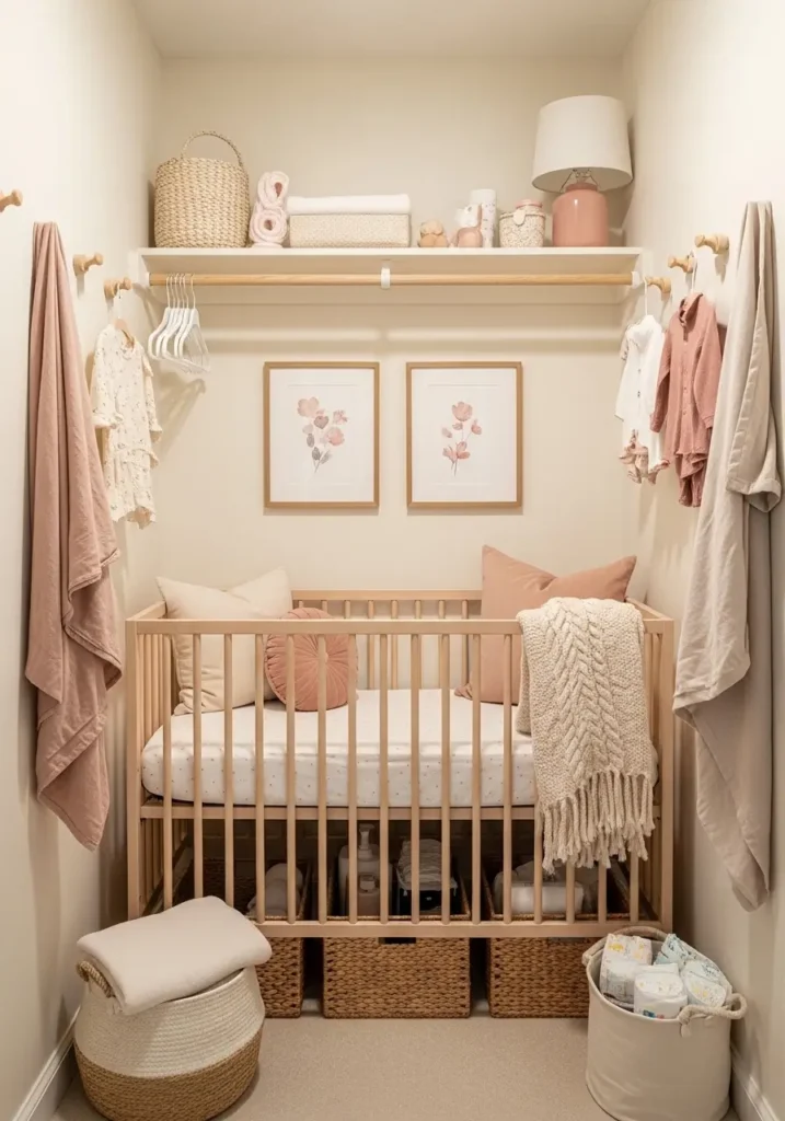 Tiny closet nursery inside apartment bedroom, white crib fitted into small nook, floating shelves, warm cream paint, cozy lighting, woven storage bins, soft blush decor accents, minimalist nursery styling, realistic small apartment nursery setup, clean feminine aesthetic, airy organization ideas, Scandinavian baby room decor, calm cozy atmosphere, textured neutral fabrics

