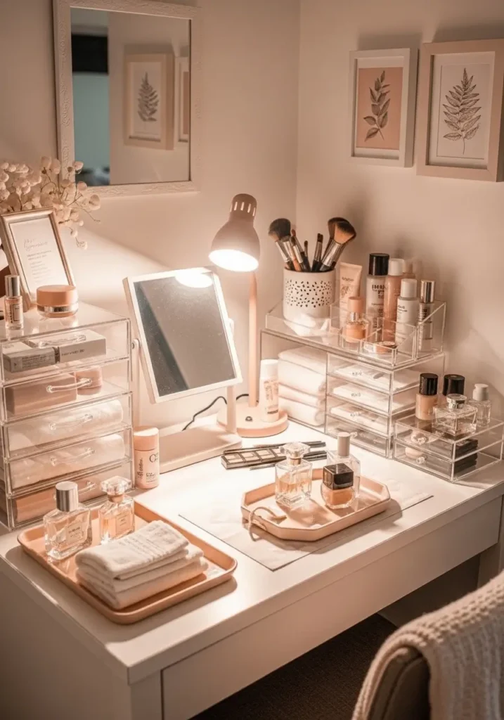 Cute minimal dorm vanity setup with small mirror, acrylic makeup organizers, soft lamp lighting, white desk, blush and cream decor accents, cozy feminine bedroom styling, clean apartment dorm atmosphere, realistic interior photography, tidy beauty station, warm neutral color palette, simple modern decor, soft textures, aesthetic small bedroom organization, elegant budget dorm room setup, calm lighting, uncluttered tabletop styling with cozy details and peaceful mood

