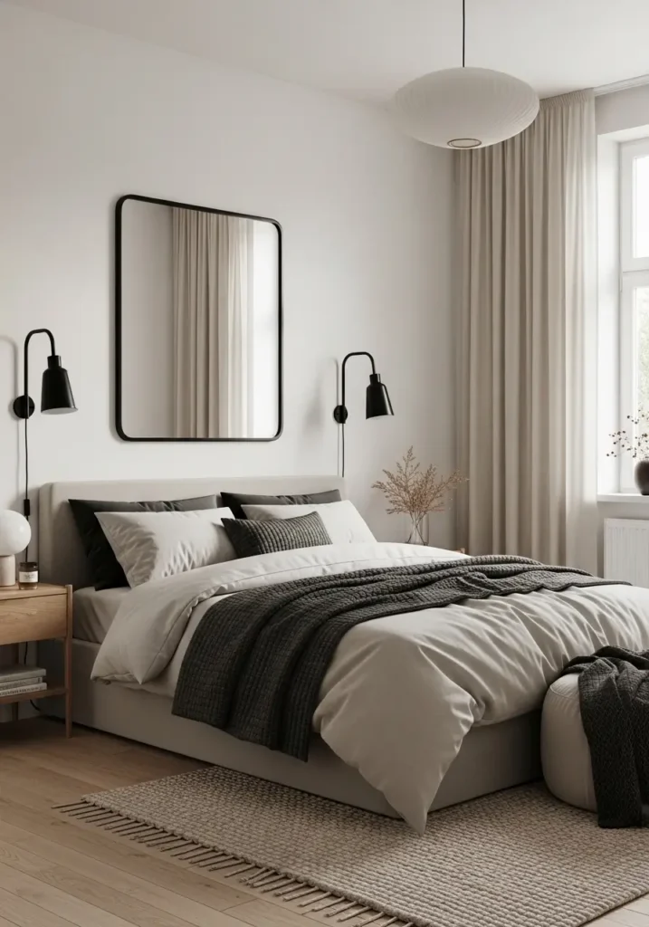 Minimalist studio apartment bedroom with soft black accents, warm neutral bedding, tiny apartment styling, black framed mirror, modern wall lighting, beige textured rug, Scandinavian inspired decor, cozy feminine atmosphere, natural oak furniture, clean uncluttered bedroom setup, realistic apartment photography, soft evening light, elegant modern interior, peaceful small apartment mood, cream curtains, balanced minimalist design with warm and soft visual contrast.

