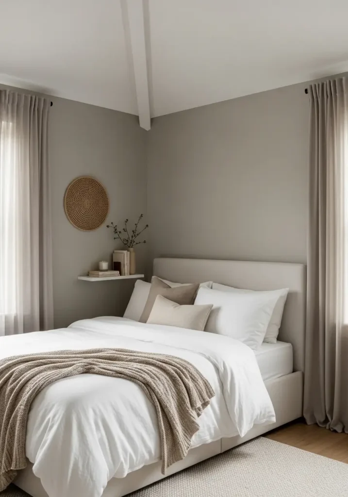 Small modern vaulted ceiling bedroom with cozy corner bed placement, soft greige walls, white linen bedding, light wood floating shelf, tiny reading lamp, cream rug, simple curtains, delicate plants, clean minimal styling, warm feminine mood, realistic soft interior photography.