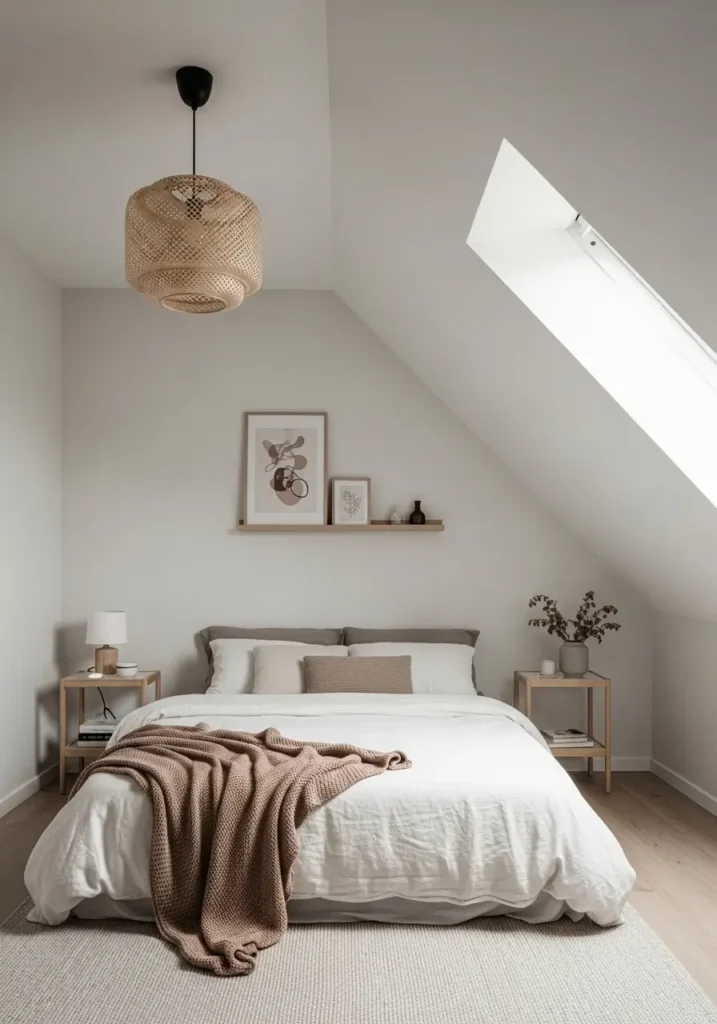 Minimal attic loft bedroom in a small apartment with a low bed, soft cream bedding, warm beige throw, slim wooden shelf, roof window, tiny bedside lamp, pale rug, white sloped ceiling, clean feminine decor, airy cozy atmosphere with simple calm styling and gentle natural light.