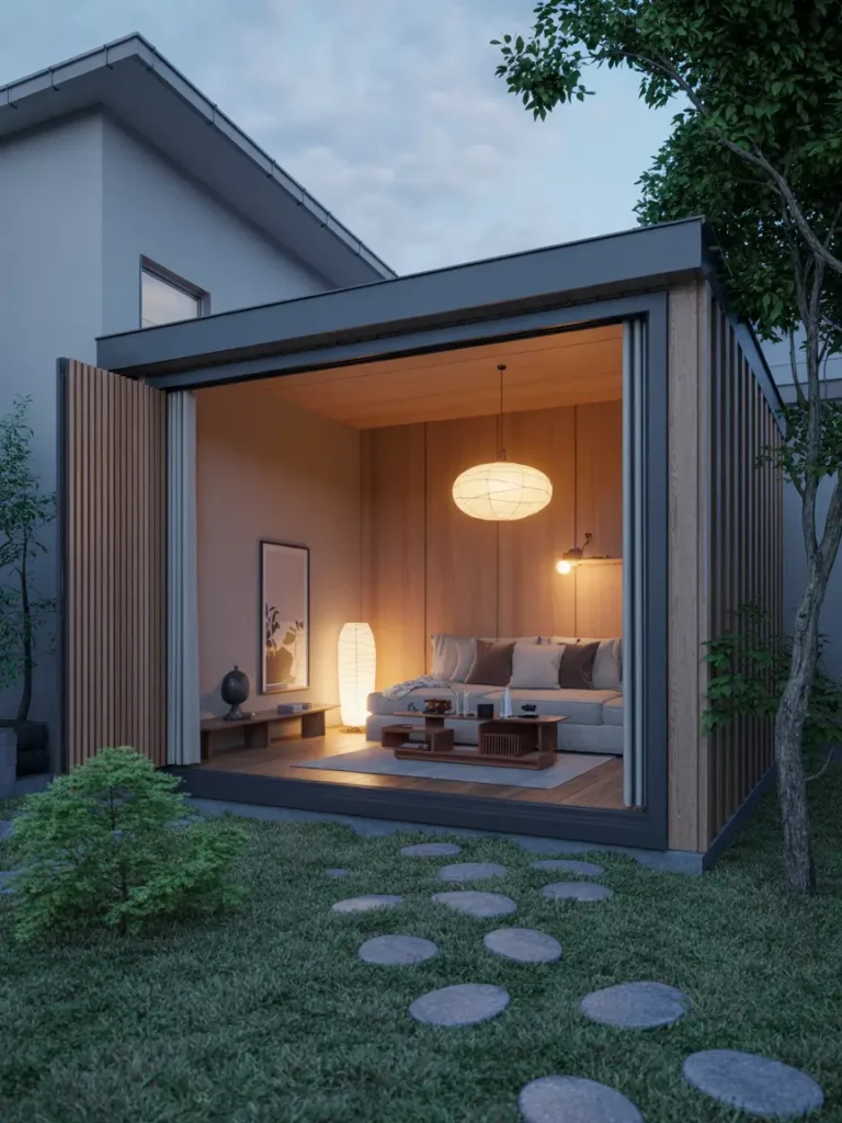 Small detached garage apartment with Japanese minimalist design, warm wood walls, soft beige tones, low furniture, paper-style lighting, compact backyard garden, stone pathway, peaceful atmosphere, modern zen-inspired architecture, realistic photography, calming tiny apartment aesthetic
