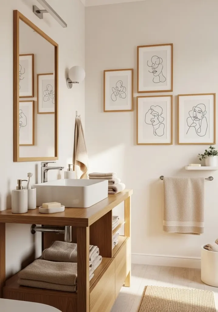 Minimal apartment bathroom with simple black line art prints on creamy walls, thin oak wood frames, soft neutral decor palette, cozy feminine styling, natural daylight, Scandinavian inspired bathroom interior, clean uncluttered design, warm wooden vanity, folded beige towels, matte ceramic accessories, calm spa atmosphere, realistic interior photography, airy balanced wall styling with soft textures and elegant modern details

