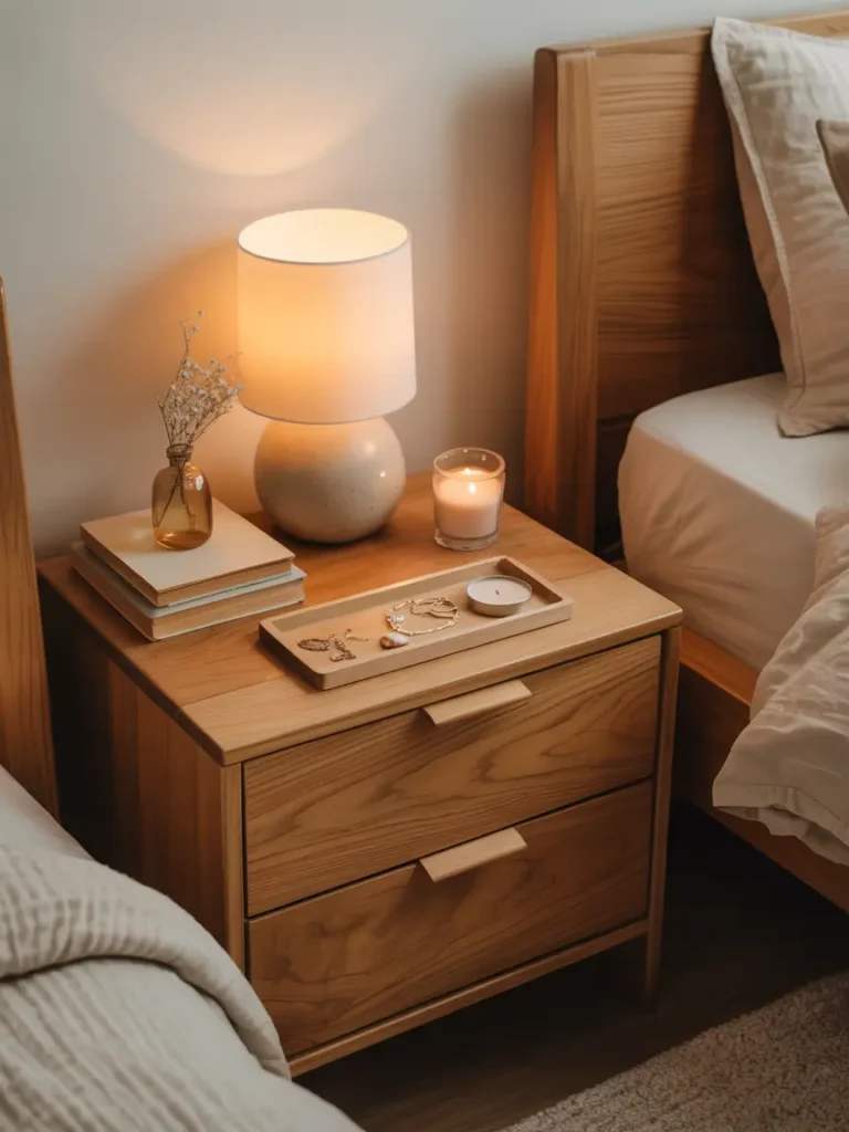 Tiny post grad apartment bedroom with simple wooden nightstand, ceramic lamp, stacked books, cream bedding, soft warm lighting, minimal feminine decor, clean apartment styling, cozy neutral palette, woven rug, airy modern bedroom aesthetic, delicate framed art, calm organized space with soft shadows and warm textures

