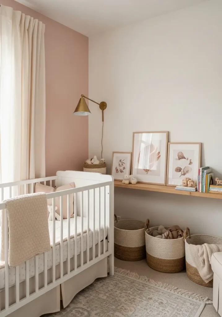 Tiny apartment nursery with pale blush pink accent wall, compact white crib, floating wood shelf, warm gold wall lamp, cream cotton curtains, woven toy baskets, soft neutral rug, feminine minimalist decor, cozy apartment nursery styling, realistic natural light, Scandinavian inspired baby room, airy uncluttered layout, calm elegant atmosphere photography

