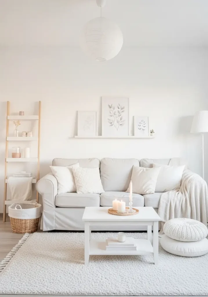 Clean white aesthetic college apartment living room with modern cream sofa, white curtains, soft textured rug, minimal wall decor, light wooden furniture, cozy natural lighting, feminine apartment styling, airy student apartment layout, calm peaceful atmosphere, tiny indoor plants, simple coffee table styling, realistic interior photography, Scandinavian inspired decor, uncluttered and cozy mood, warm sunlight entering room

