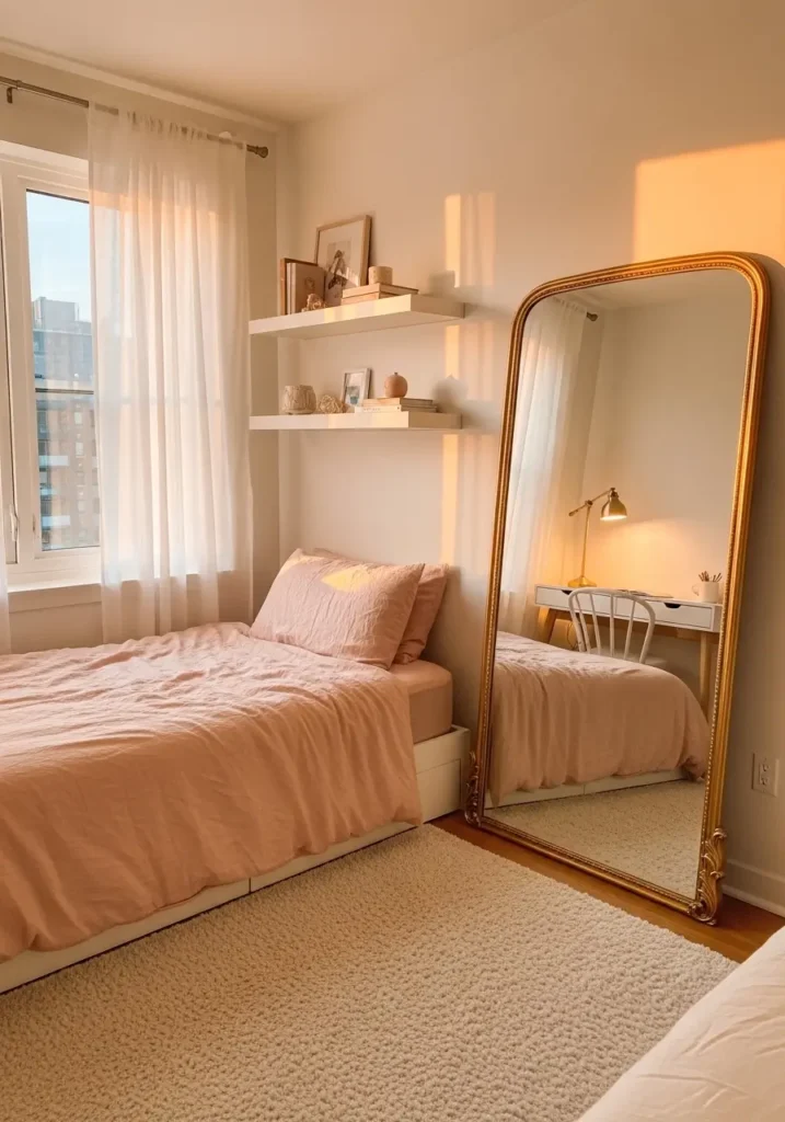 Tiny apartment bedroom with large leaning mirror beside bed, warm sunset lighting, blush bedding, white walls, compact wooden desk, soft rug, minimal decor, gold lamp, clean feminine apartment styling, cozy reflection lighting, small room illusion, airy modern apartment aesthetic, simple shelves, delicate curtains, calm organized atmosphere, realistic soft textures and warm natural lighting

