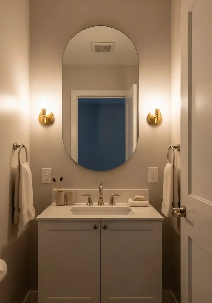 Tiny apartment bathroom with large rounded mirror, warm wall sconces, creamy white vanity, soft beige decor, minimal feminine styling, glowing warm lighting, clean apartment bathroom makeover aesthetic, realistic cozy interior photography, uncluttered sink area, pale neutral color palette, soft towels, elegant renter friendly design, airy tiny bath setup, calm evening atmosphere, modern apartment decor inspiration with subtle luxury textures and warm reflections
