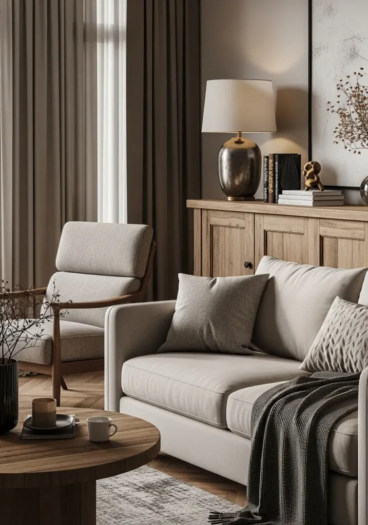 A balance of sleek modern lines with rustic wooden touches, soft neutral colors, and comfortable, stylish furniture. Warm, natural light and cozy textures.