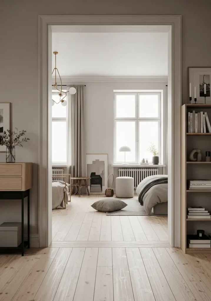 A clean, minimal style with neutral tones, light wooden floors, and open shelving. Soft, natural light coming in through large windows with sparse decor like a simple bed and a few accent pieces.