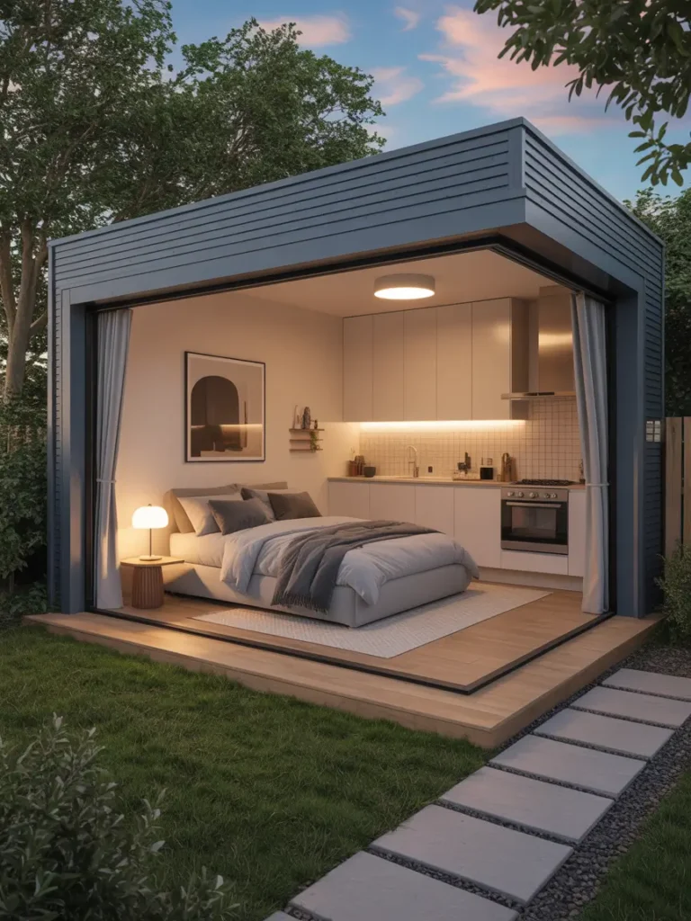 Detached garage apartment designed as a modern rental space, stylish compact kitchen, cozy bedroom area, sleek furniture, soft neutral colors, realistic photography, small backyard apartment investment inspiration
