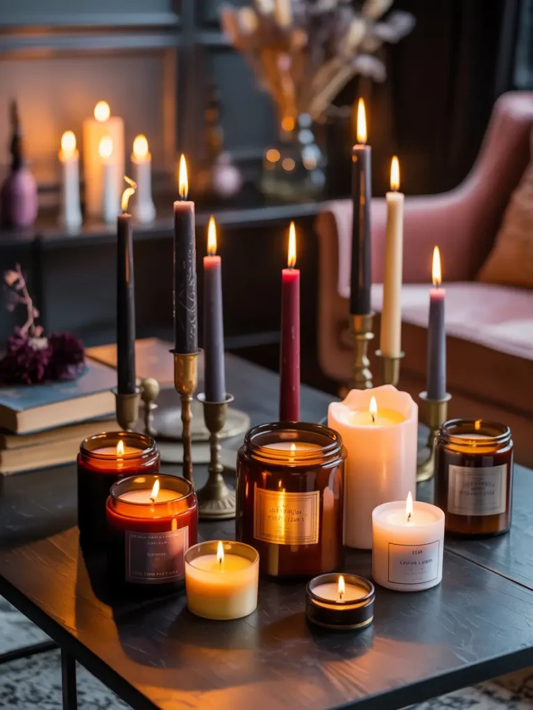 A collection of candles in varying heights, with dark fabric and a minimalist backdrop.
