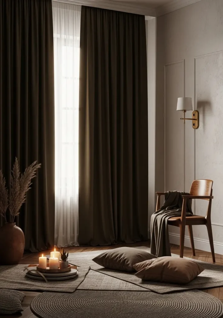 Dark academia apartment corner with floor-length dark olive curtains, warm sunlight filtering softly, vintage wooden chair, layered neutral rugs, candlelit atmosphere, cozy feminine apartment styling, cream textured walls, warm brown accents, realistic fabric movement, minimal elegant decor, soft moody lighting, peaceful apartment reading nook with rich earthy colors

