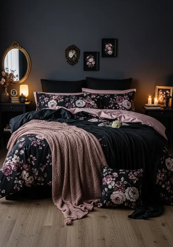 Romantic goth bedroom with moody floral bedding, black and deep plum tones, soft candlelight, vintage wood furniture, layered cozy blankets, elegant gothic floral patterns, minimal dark feminine decor, realistic textures, warm intimate lighting, calm emotional atmosphere, clean romantic bedroom styling for couples

