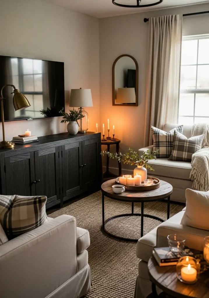 Farmhouse living room with moody rustic TV corner, dark wood console, warm beige sofa, soft plaid pillows, vintage brass lamps, woven rug, cream curtains, candlelight, realistic cozy interior photography, clean minimal country styling, deep warm tones, rustic wall texture, calm evening atmosphere, peaceful inviting family room, elegant farmhouse charm

