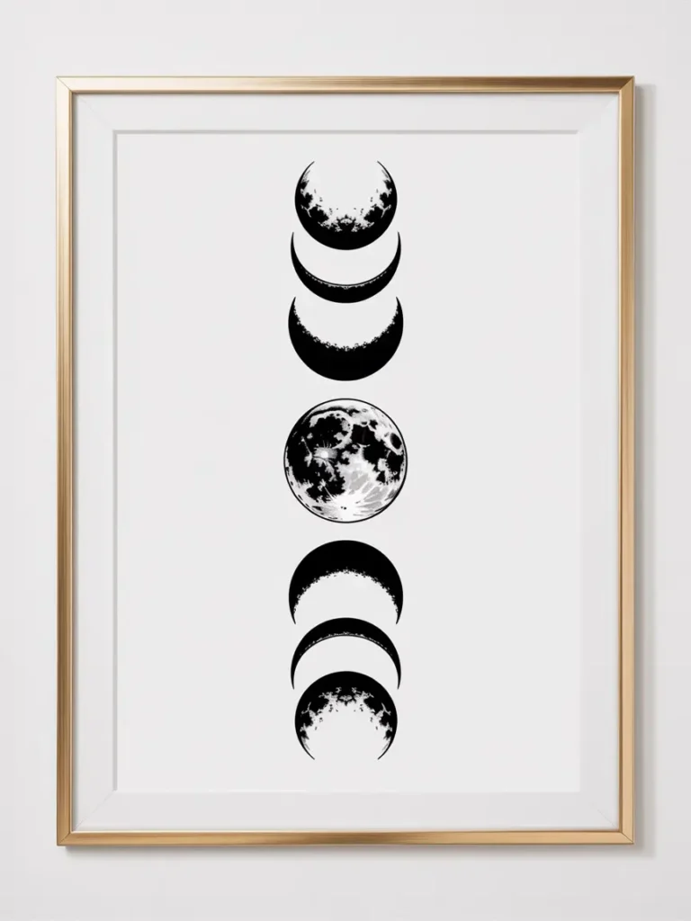 Black and white illustrations of moon phases in simple, clean lines, framed in gold or dark wood. A minimalist style with cosmic energy, easy to pair with any room’s color scheme.