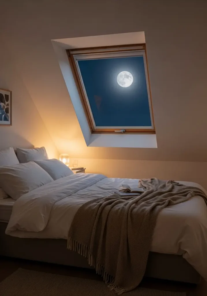Small attic bedroom at night with low bed beside a roof window, soft white bedding, warm beige throw, tiny bedside lamp, gentle moonlight through glass, sloped ceiling, pale rug, minimal wall art, clean cozy feminine decor, calm apartment bedroom atmosphere with peaceful night styling.