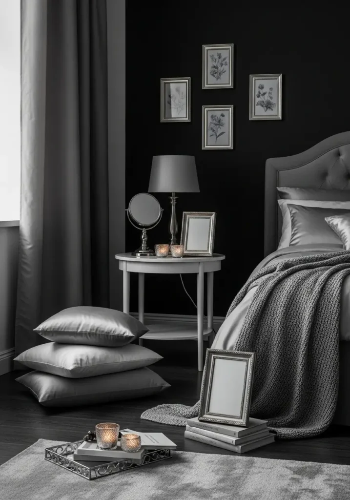 Clean minimal goth apartment bedroom with charcoal walls, black bedding, soft silver satin pillows, pale gray rug, slim black lamps, simple mirror, sheer dark curtains, gentle moonlit mood, uncluttered feminine styling, cozy dark room with smooth shadows.