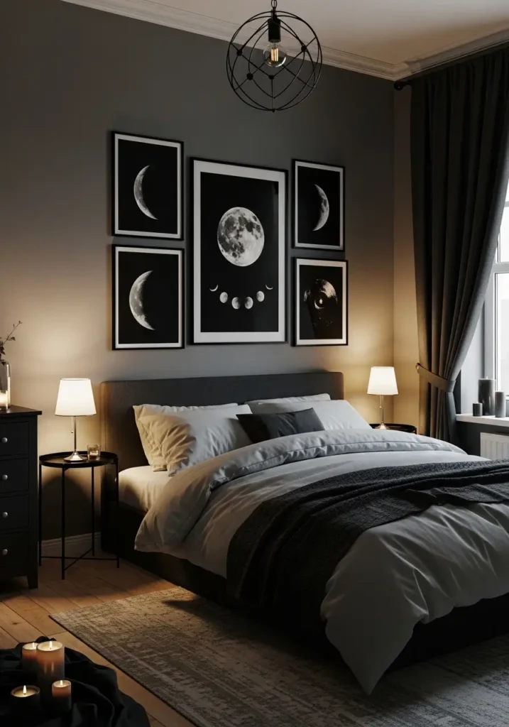 Romantic goth bedroom with moon phase wall art, dark charcoal walls, black bedding, soft silver accents, warm candlelight, minimal decor, clean feminine layout, cozy couple bedroom mood, subtle gothic styling, realistic shadows, calm night inspired bedroom design with dreamy atmosphere

