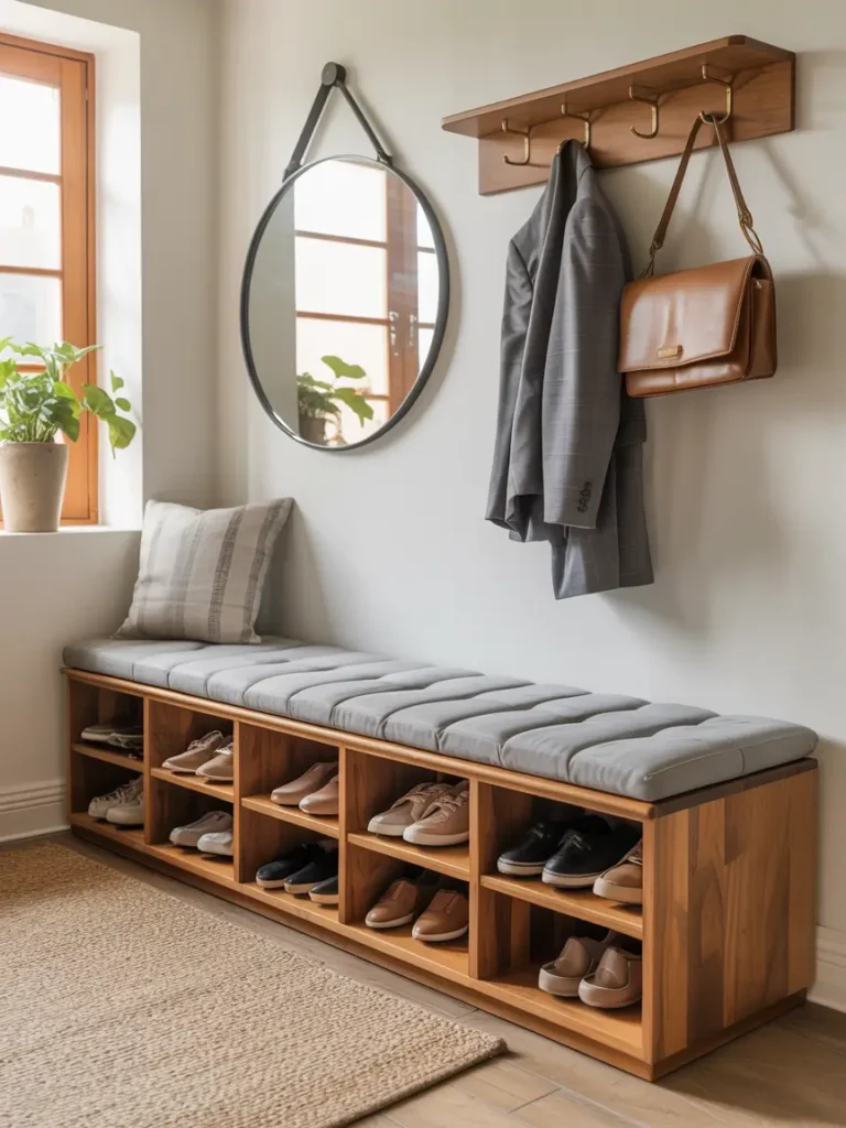 Apartment entryway featuring multi-functional storage bench with cushioned seat, open compartments holding shoes and handbags, wall hooks above, small potted plant for decor, bright airy natural light, modern cozy minimalist style.