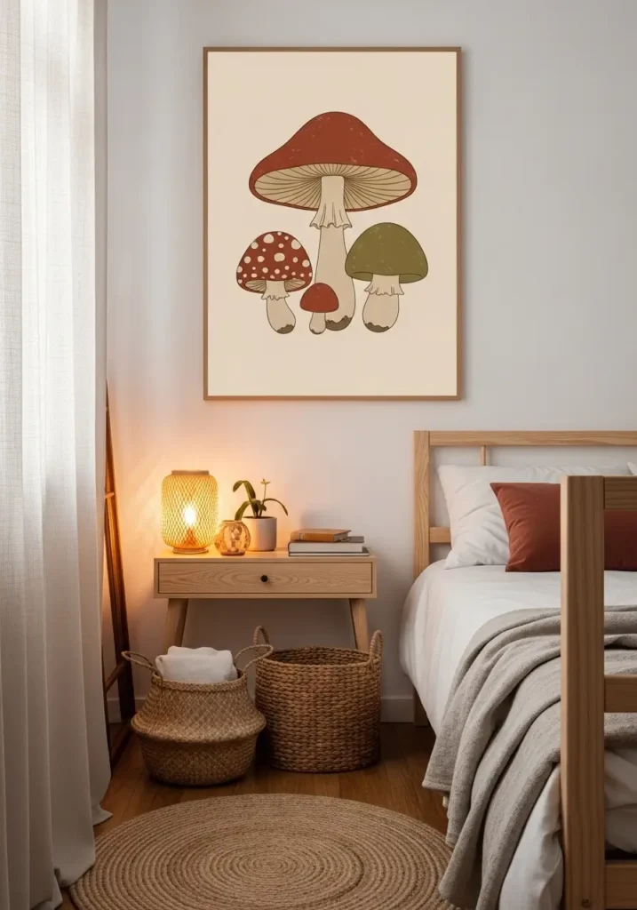 Cozy retro apartment reading corner with mushroom wall art, muted red, cream, olive green, and brown colors, soft armchair, warm wood side table, beige walls, minimal feminine decor, clean uncluttered layout, nostalgic cottage retro atmosphere, soft natural lighting, realistic interior photography, tiny apartment styling